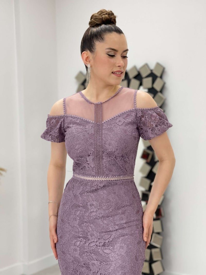 Dantel Kumaş Balık Elbise - GÜL KURUSU