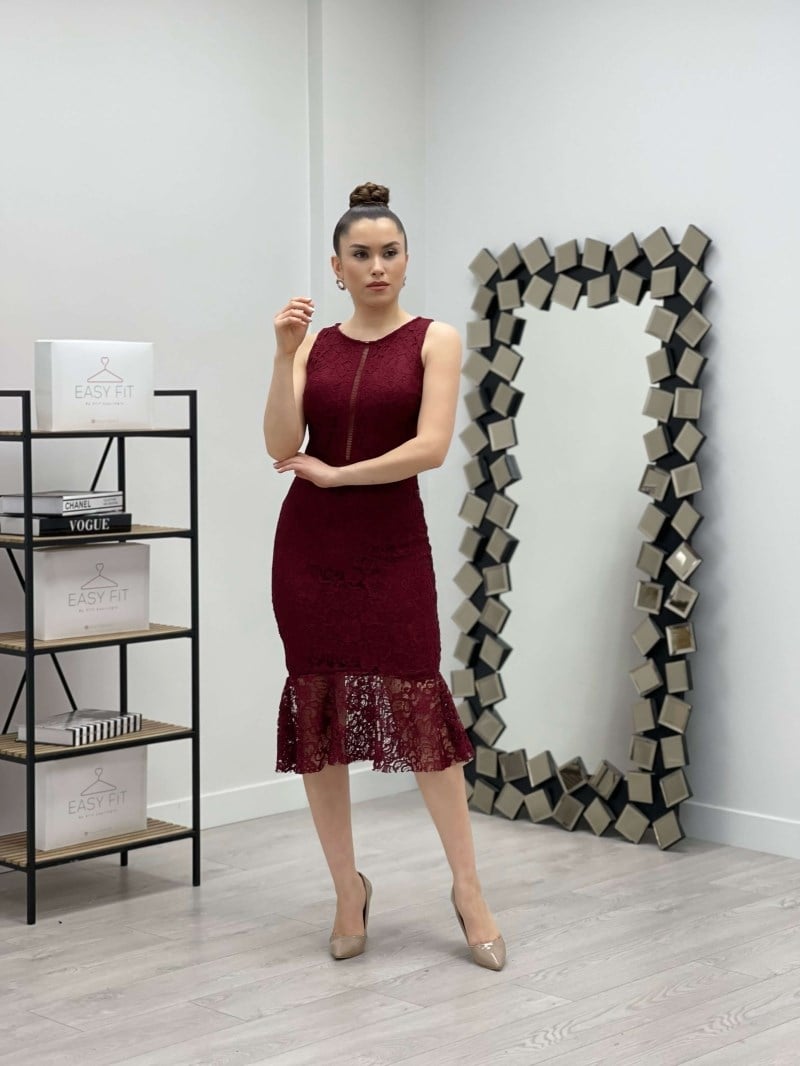 Dantel Kumaş Beli Motifli Elbise - BORDO