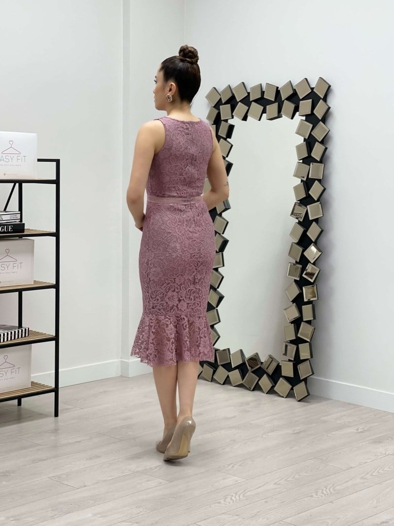 Dantel Kumaş Beli Motifli Elbise - GÜL KURUSU