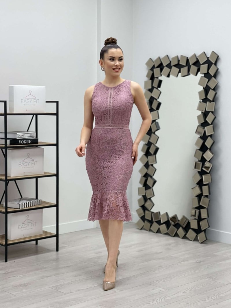Dantel Kumaş Beli Motifli Elbise - GÜL KURUSU