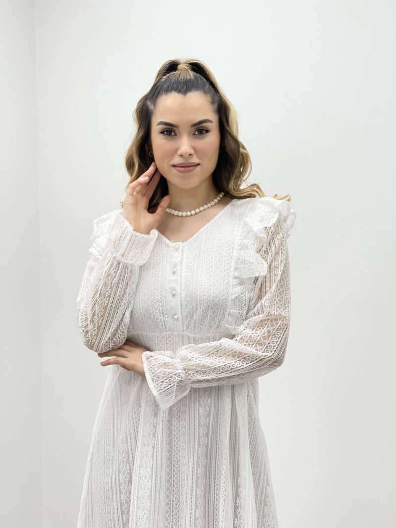 Dantel Kumaş Düğme Detaylı Elbise - BEYAZ