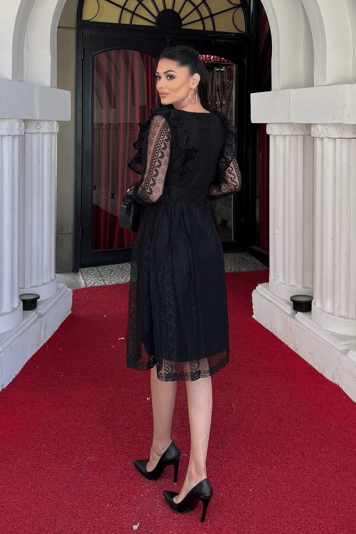 Dantel Kumaş Düğme Detaylı Elbise - SİYAH