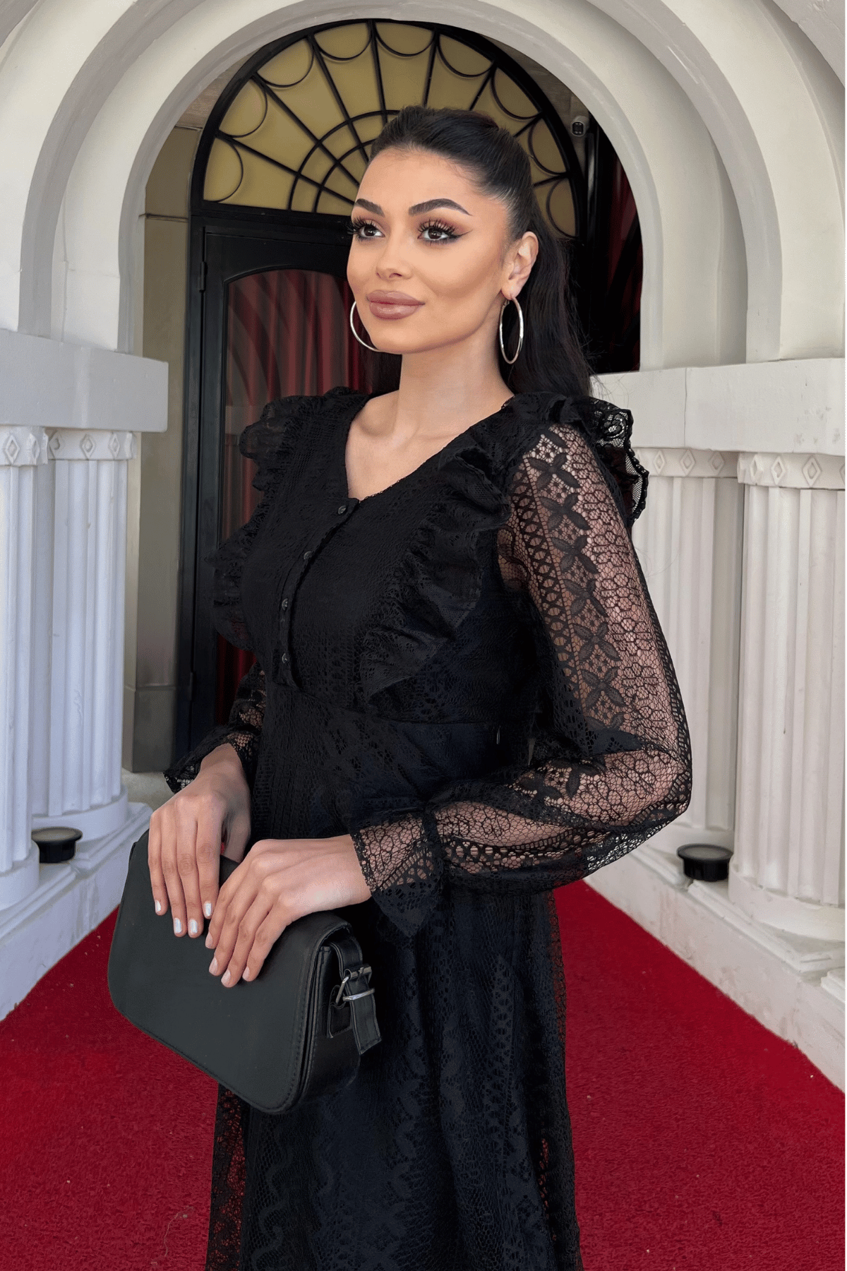 Dantel Kumaş Düğme Detaylı Elbise - SİYAH