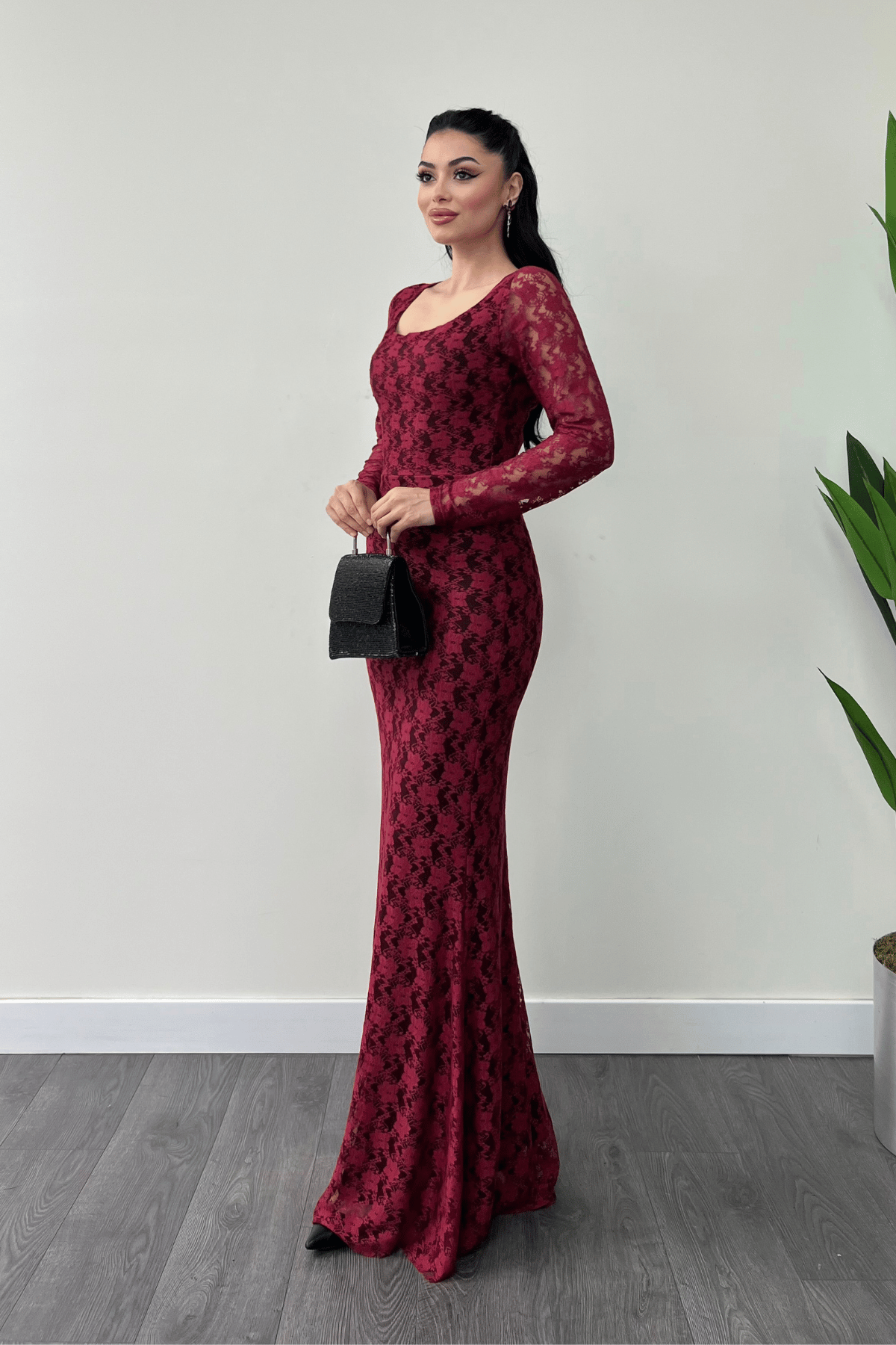 Dantel Kumaş Kare Yaka Balık Elbise - BORDO