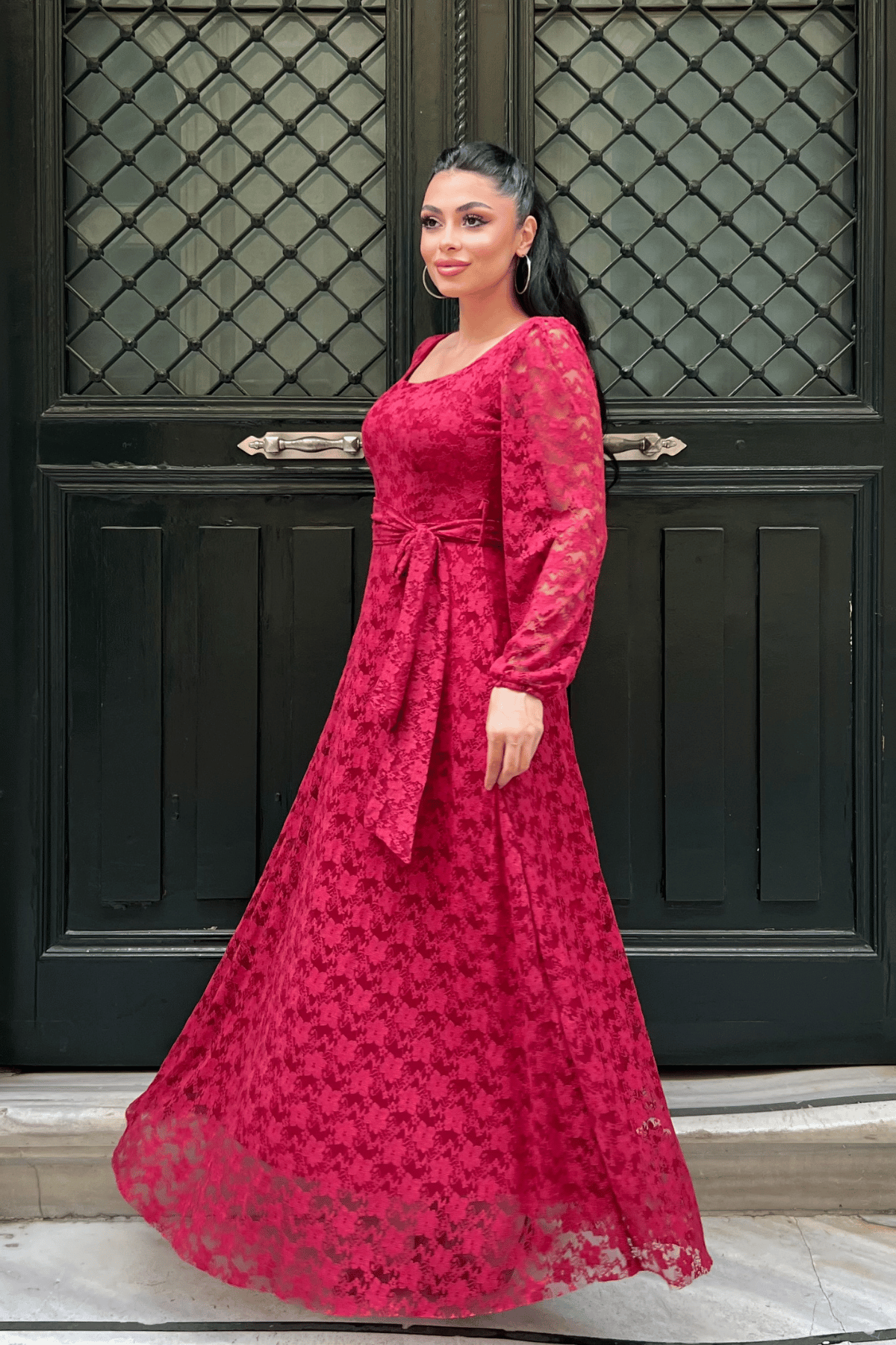 Dantel Kumaş Kare Yaka Elbise - KIRMIZI