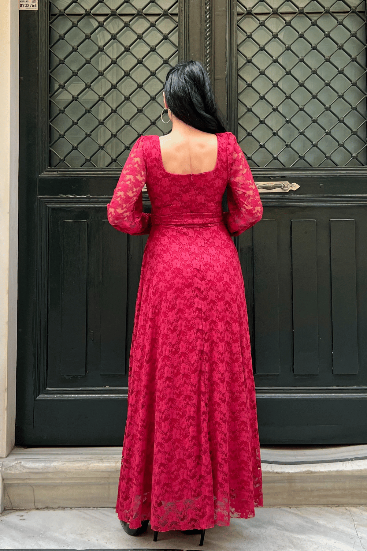 Dantel Kumaş Kare Yaka Elbise - KIRMIZI