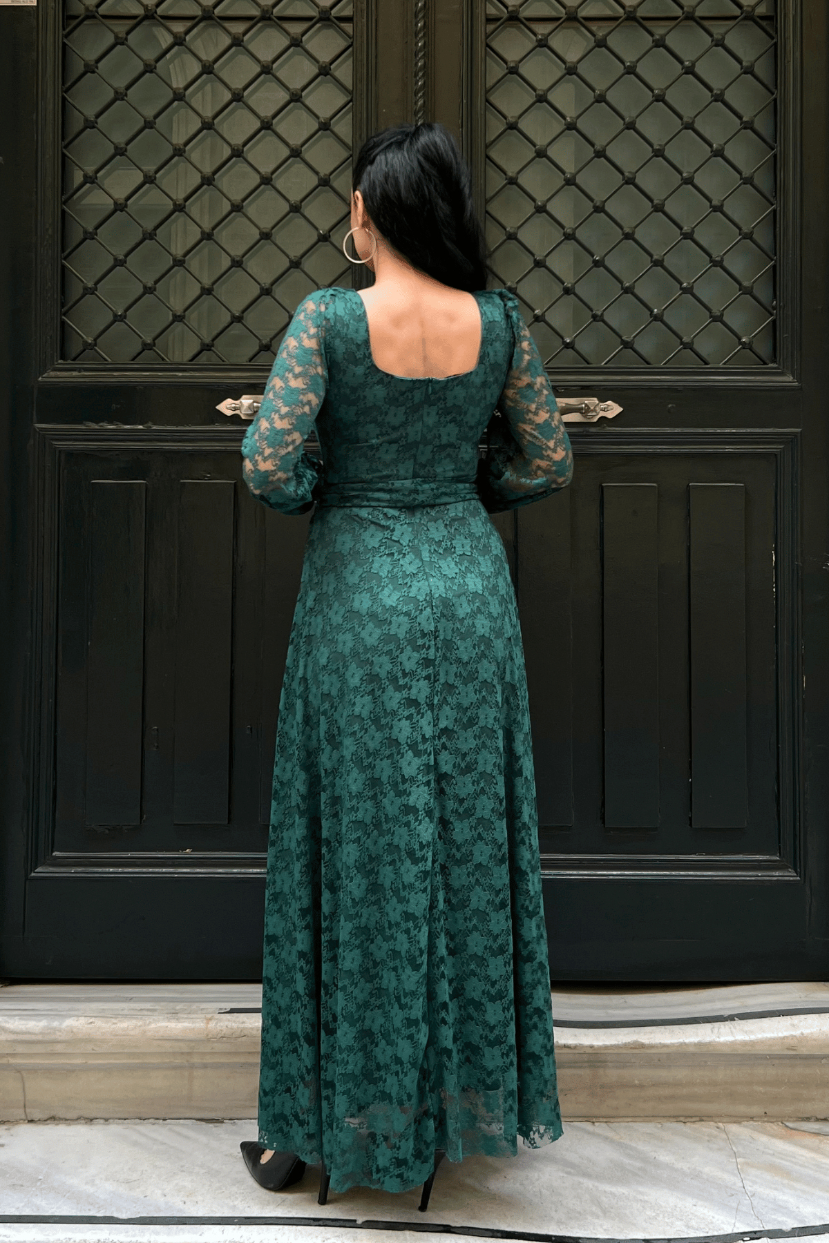 Dantel Kumaş Kare Yaka Elbise - ZÜMRÜT YEŞİL