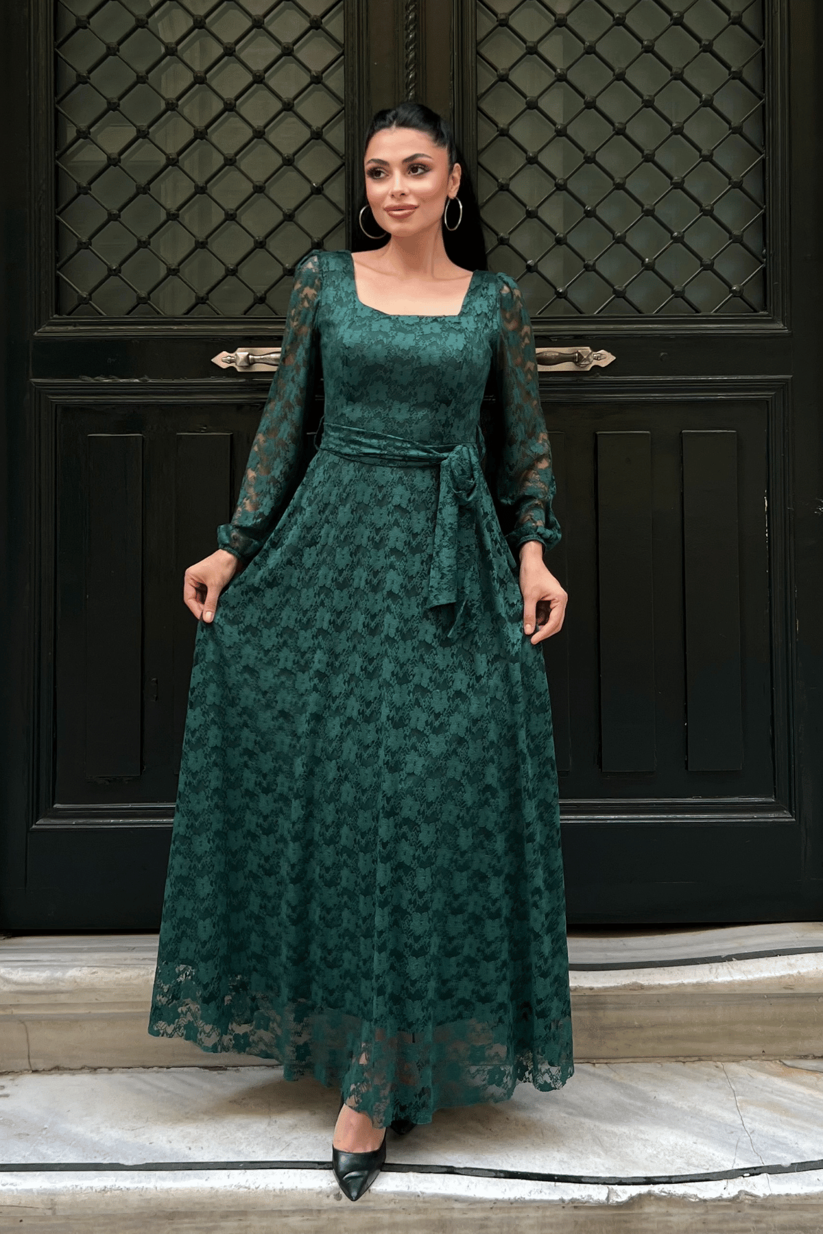 Dantel Kumaş Kare Yaka Elbise - ZÜMRÜT YEŞİL