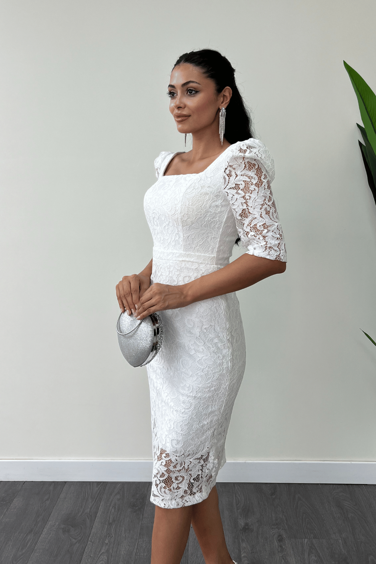 Dantel Kumaş Kare Yaka Kalem Abiye Elbise - BEYAZ