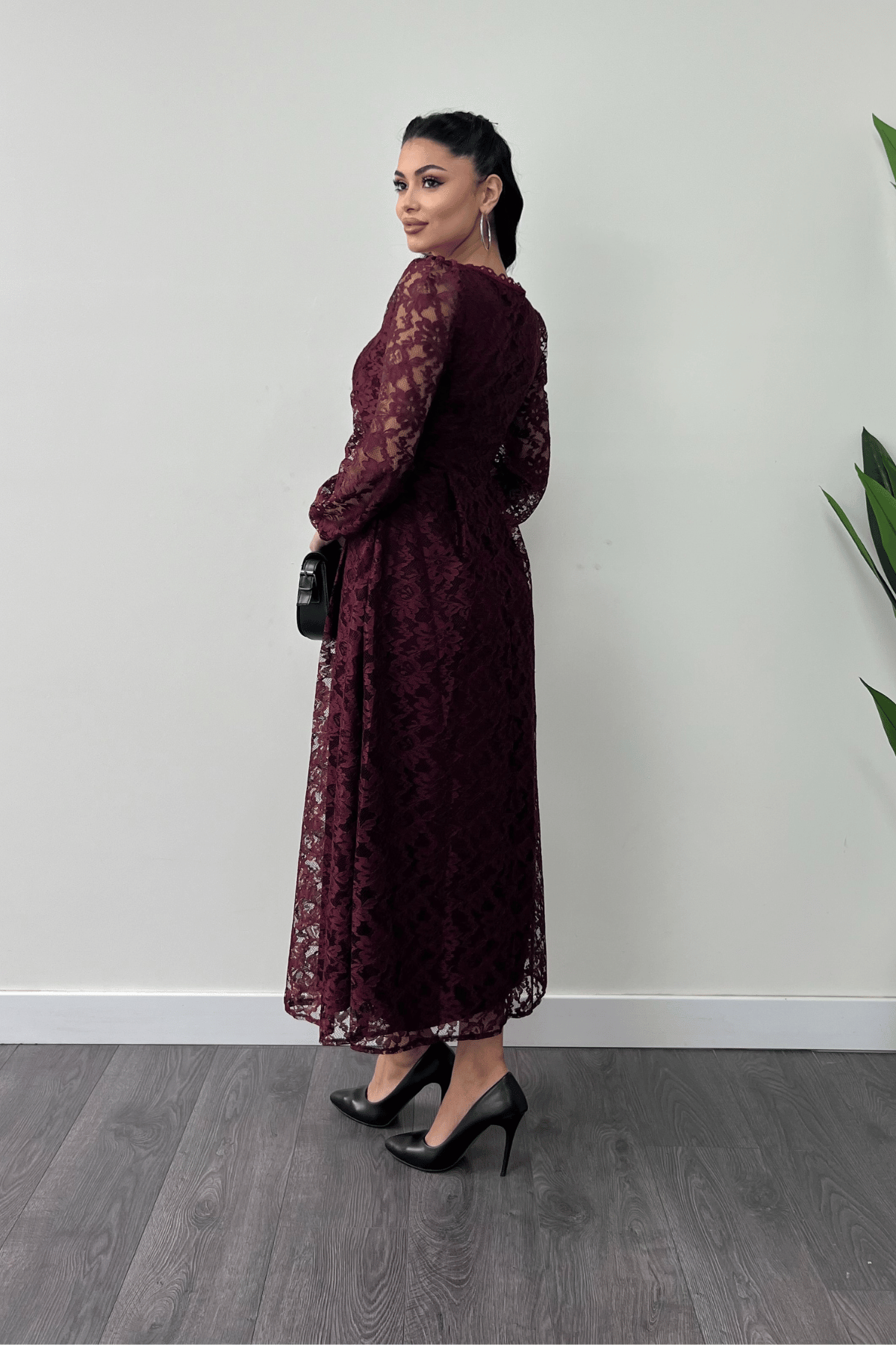 Dantel Kumaş Kare Yaka Midi Elbise Elbise - BORDO