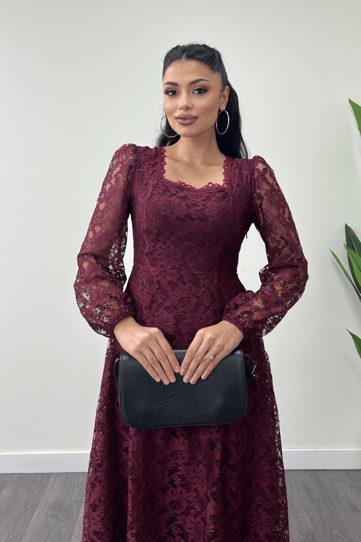 Dantel Kumaş Kare Yaka Midi Elbise Elbise - BORDO