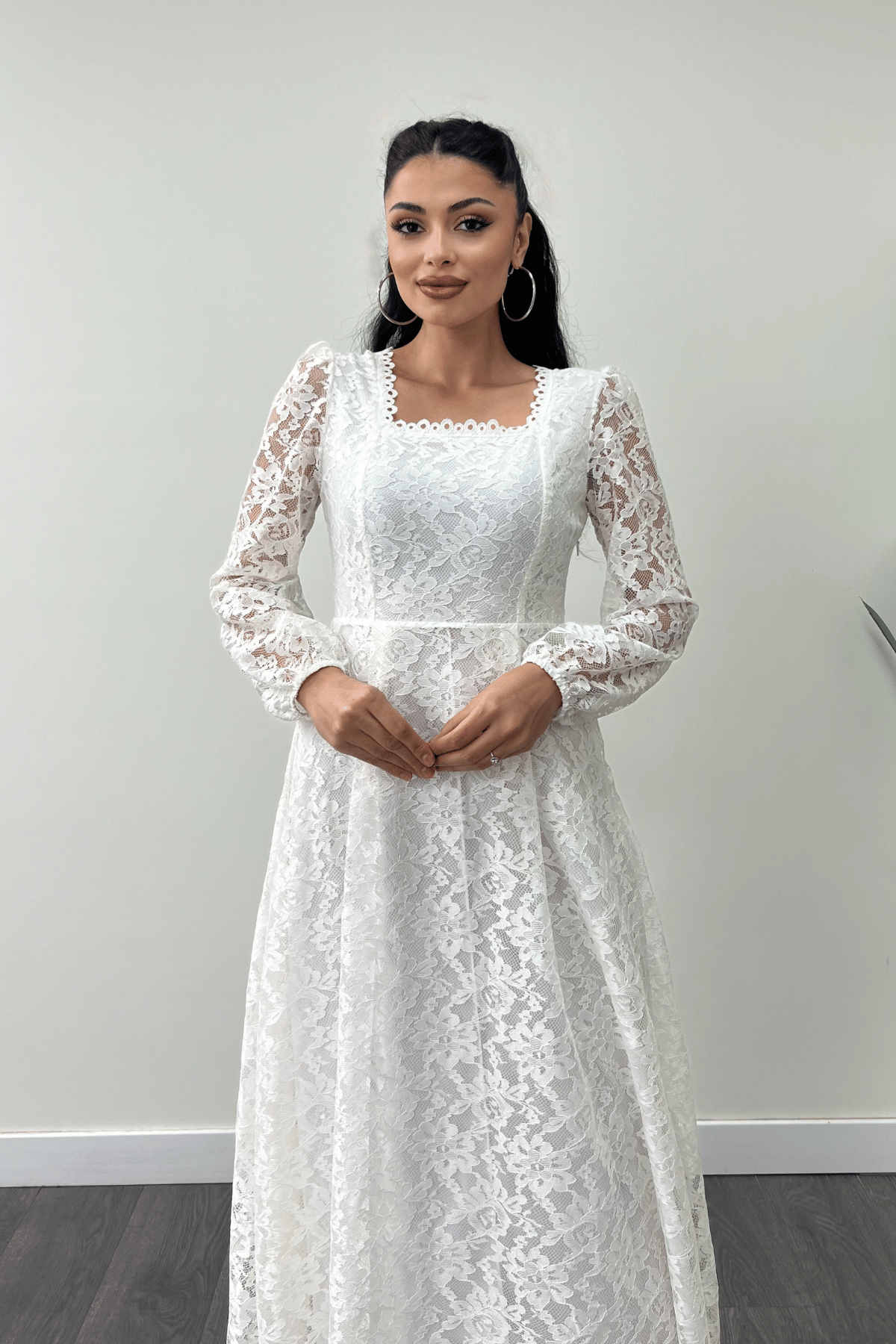 Dantel Kumaş Kare Yaka Midi Elbise Elbise - BEYAZ