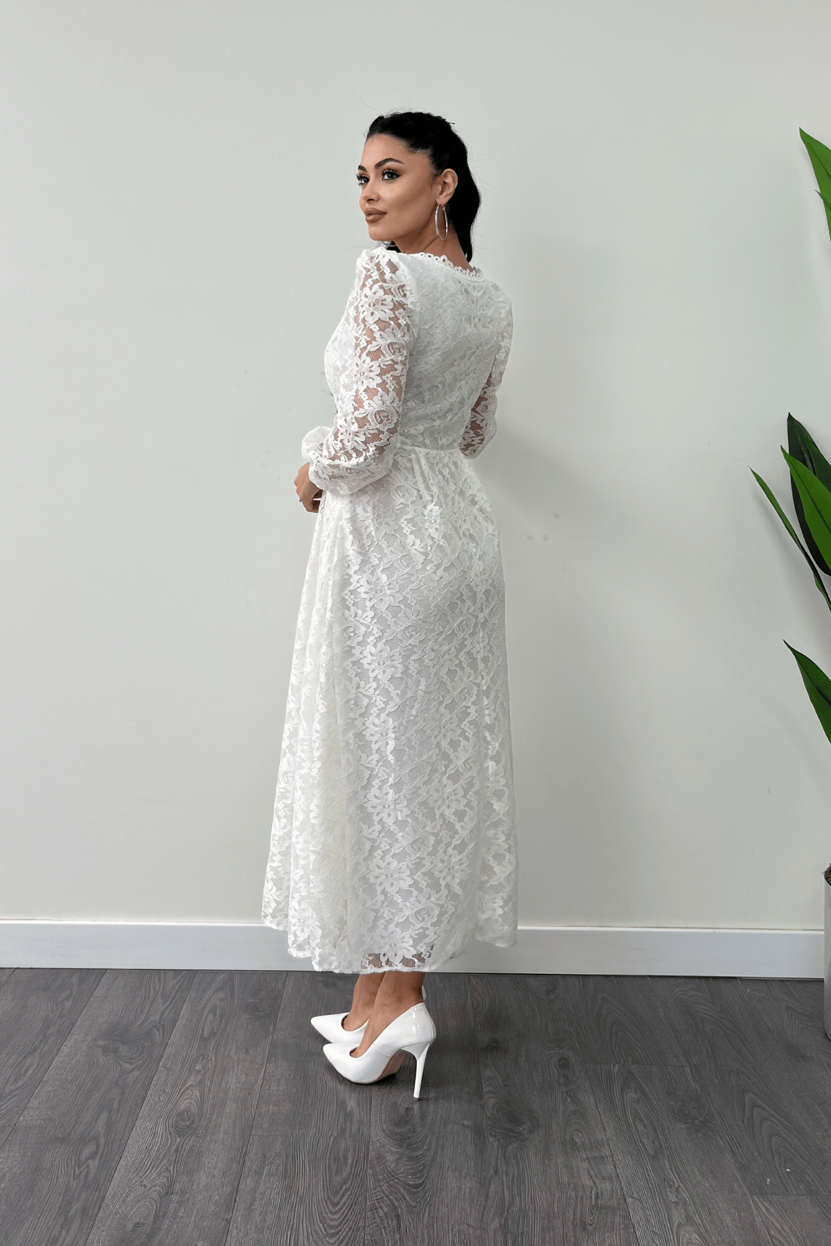 Dantel Kumaş Kare Yaka Midi Elbise Elbise - BEYAZ