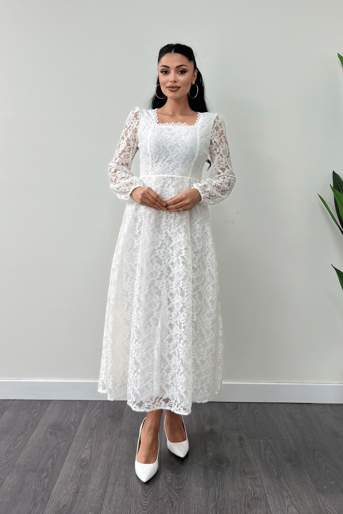 Dantel Kumaş Kare Yaka Midi Elbise Elbise - BEYAZ