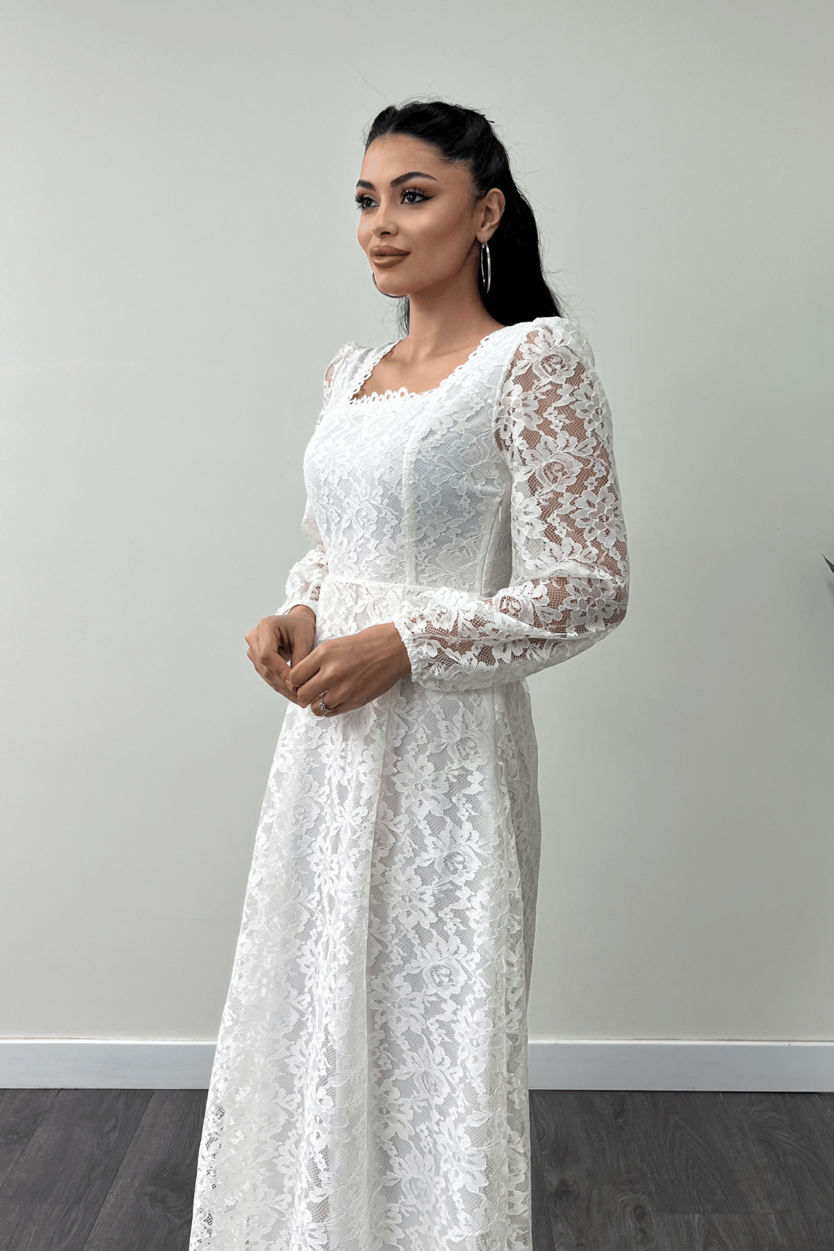 Dantel Kumaş Kare Yaka Midi Elbise Elbise - BEYAZ