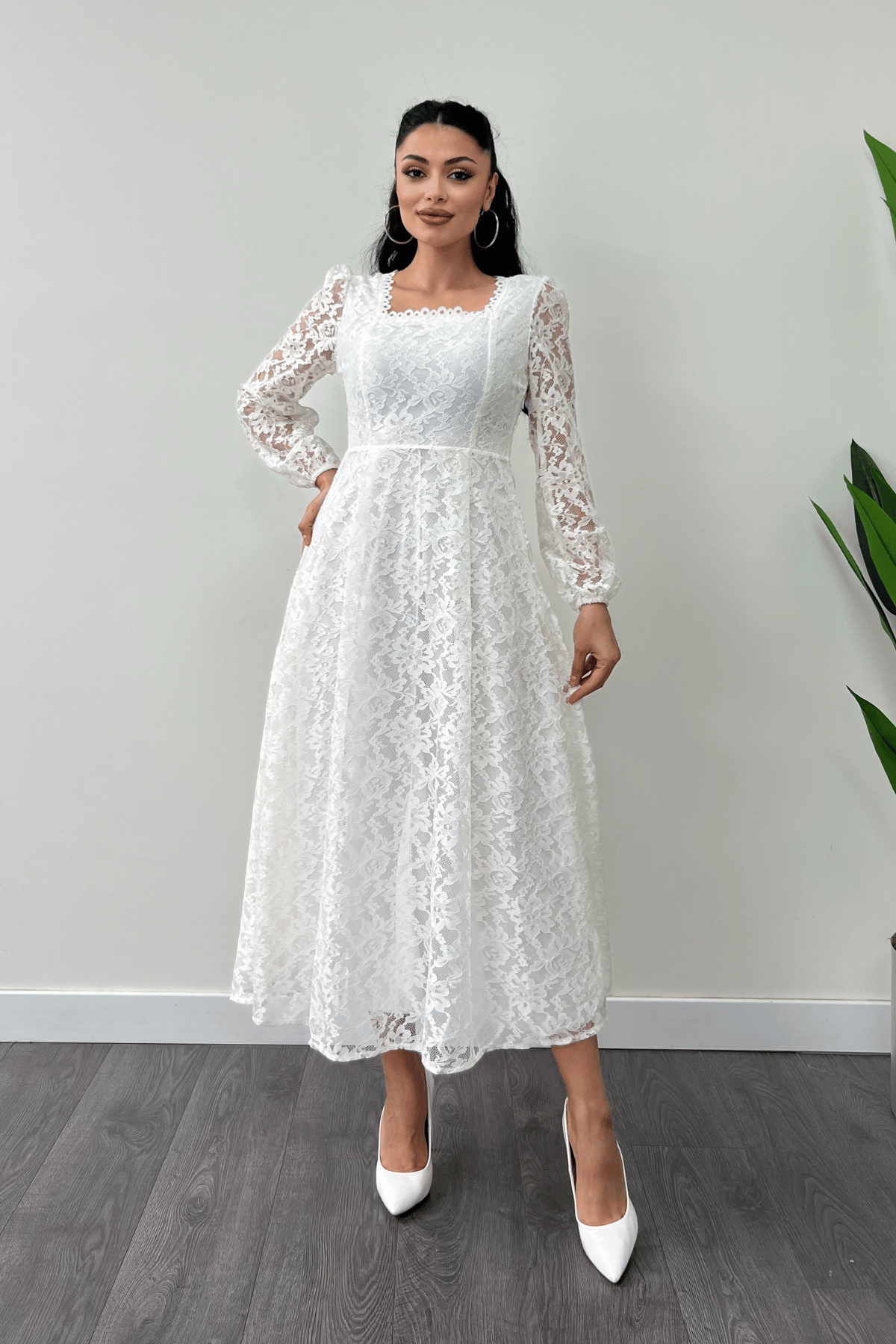 Dantel Kumaş Kare Yaka Midi Elbise Elbise - BEYAZ