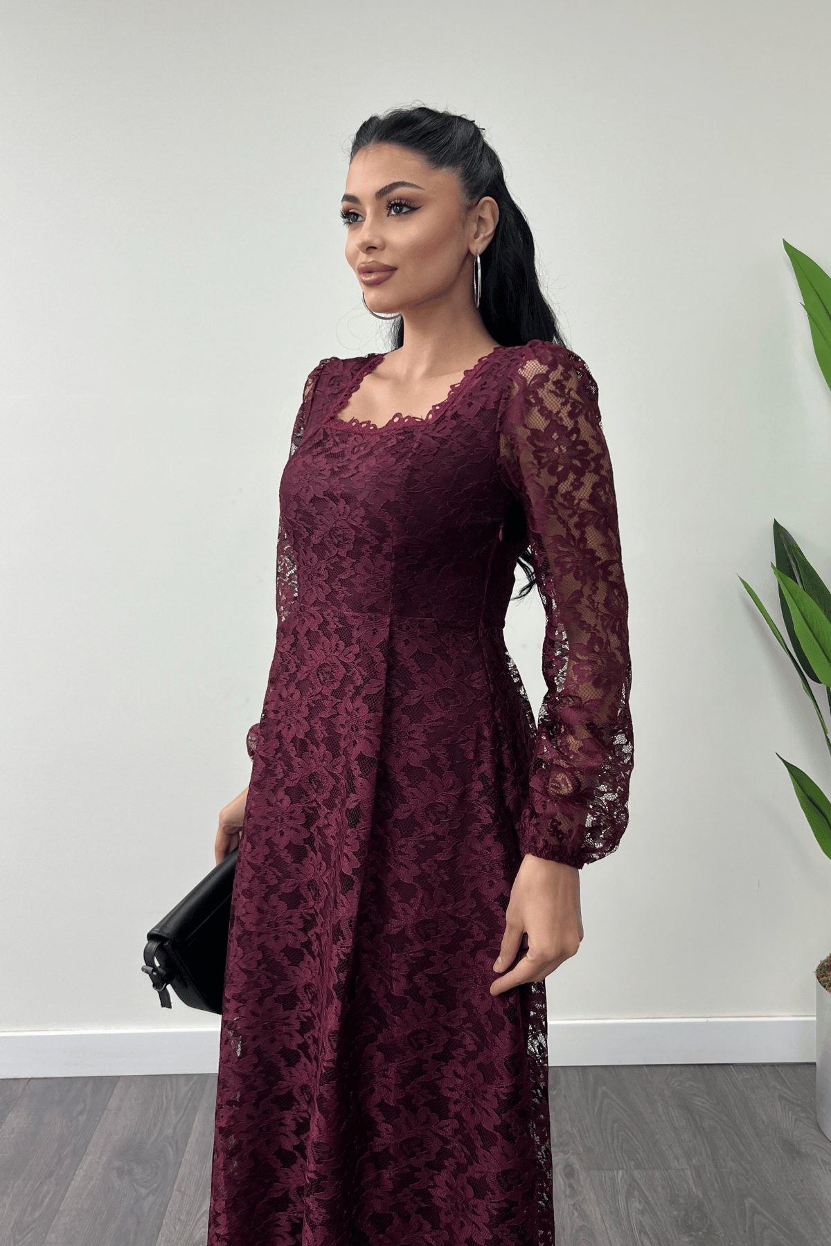 Dantel Kumaş Kare Yaka Midi Elbise Elbise - BORDO