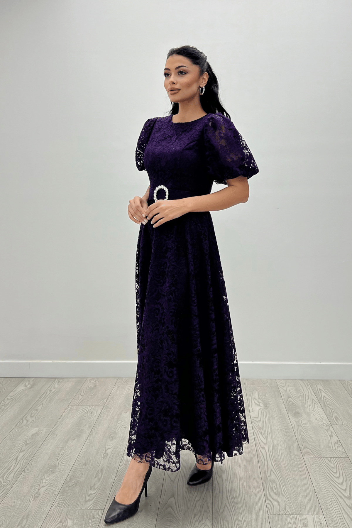 Dantel Kumaş Kolları Balon Kol Maxi Elbise - PATLICAN MOR