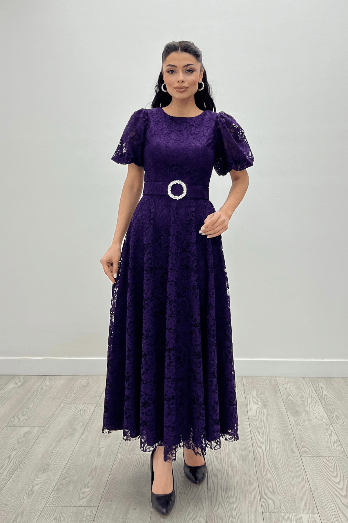 Dantel Kumaş Kolları Balon Kol Maxi Elbise - PATLICAN MOR