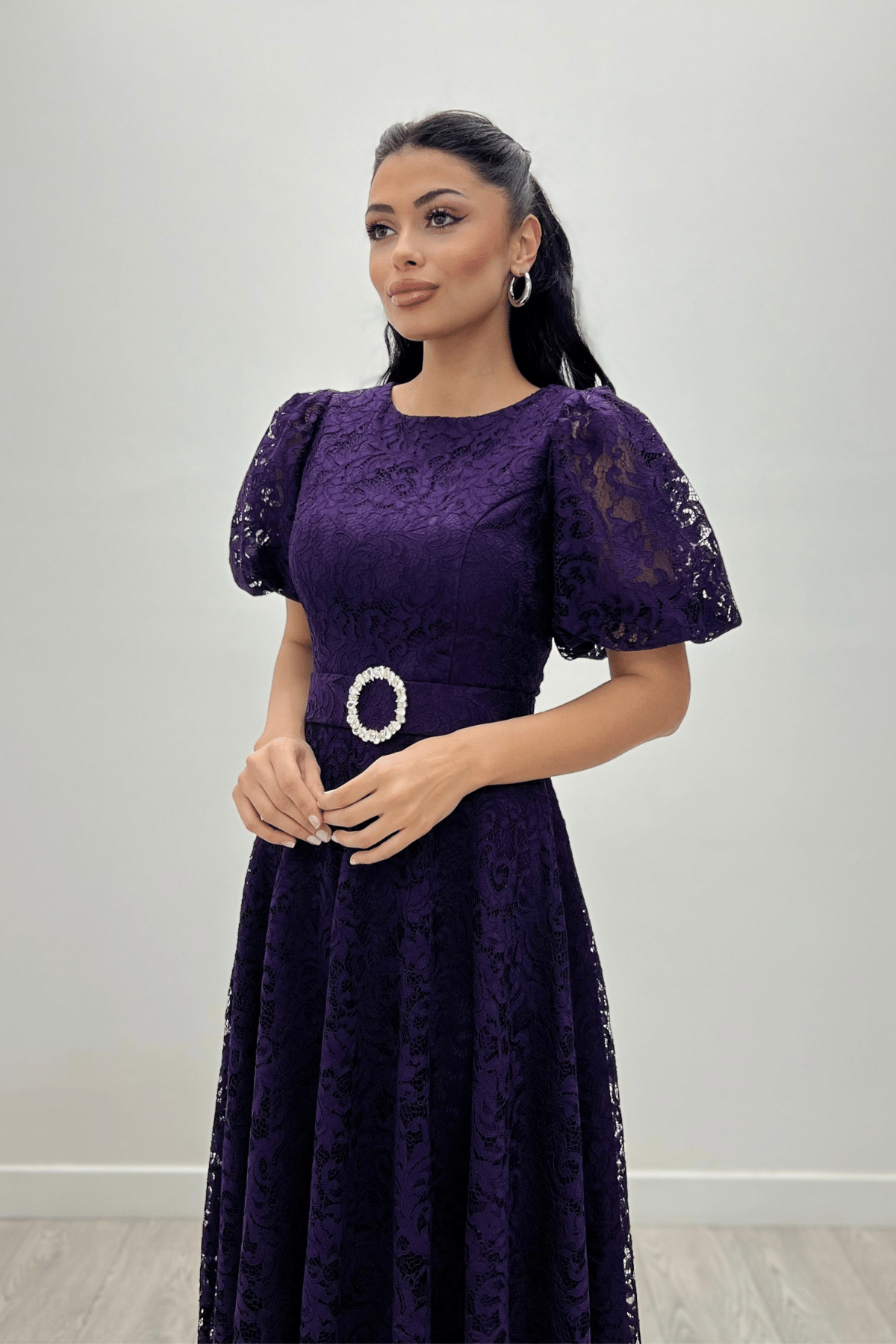 Dantel Kumaş Kolları Balon Kol Maxi Elbise - PATLICAN MOR