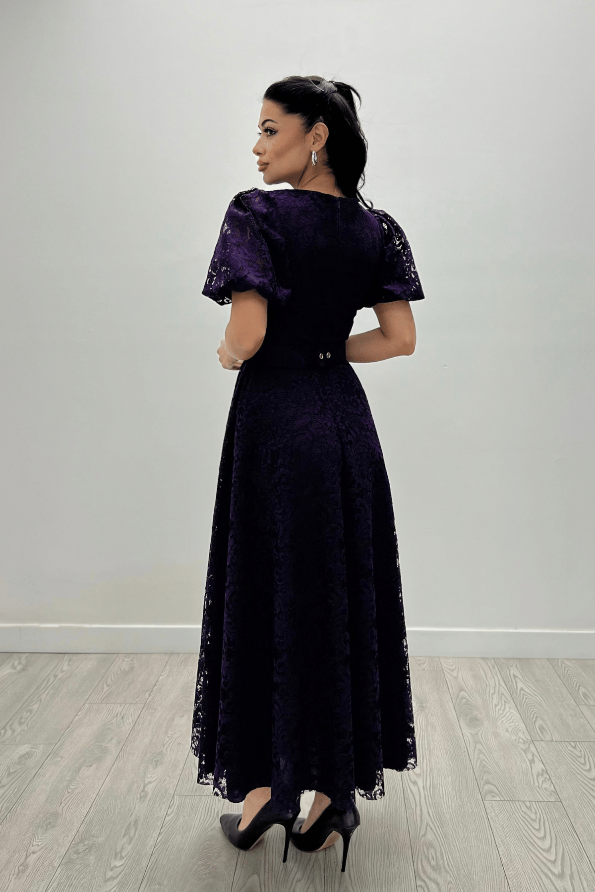 Dantel Kumaş Kolları Balon Kol Maxi Elbise - PATLICAN MOR