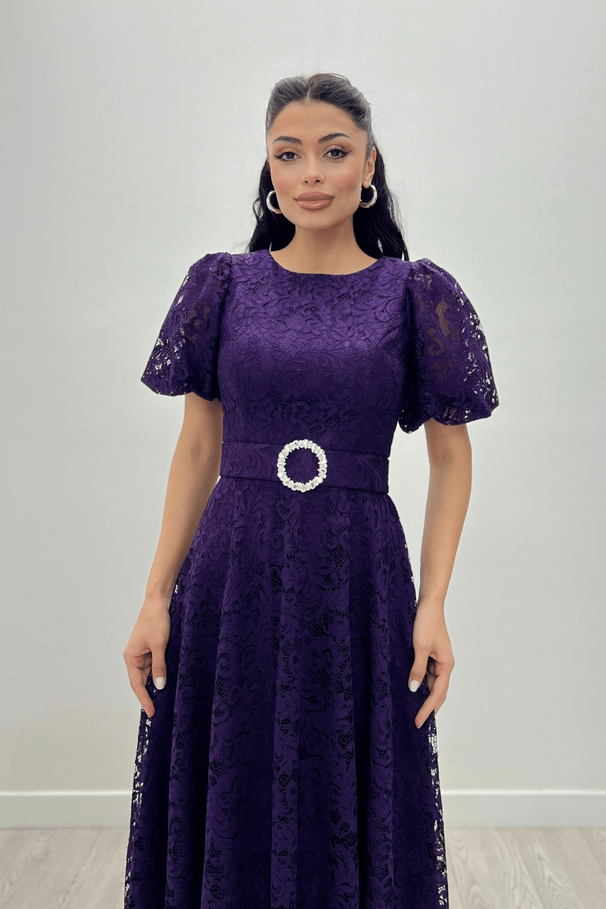 Dantel Kumaş Kolları Balon Kol Maxi Elbise - PATLICAN MOR