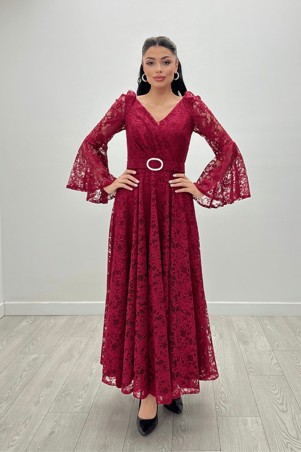 Dantel Kumaş Kolları Volan Detaylı - BORDO
