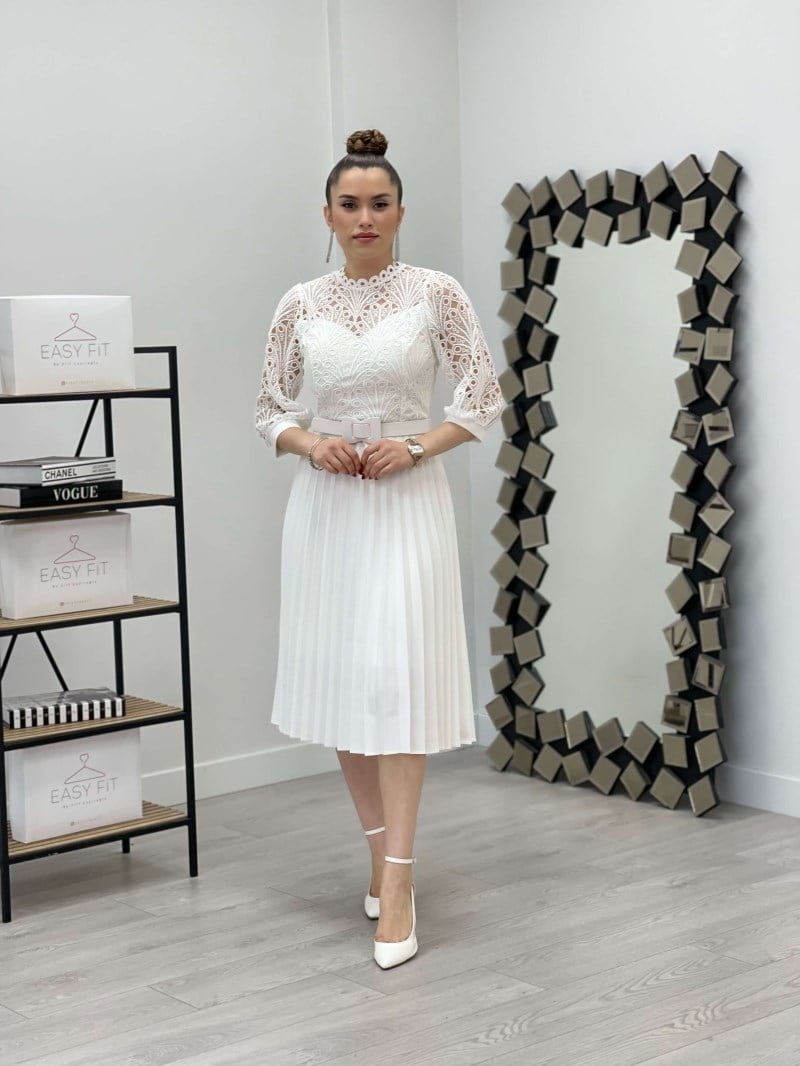 Dantel Kumaş Pliseli Midi Elbise - BEYAZ