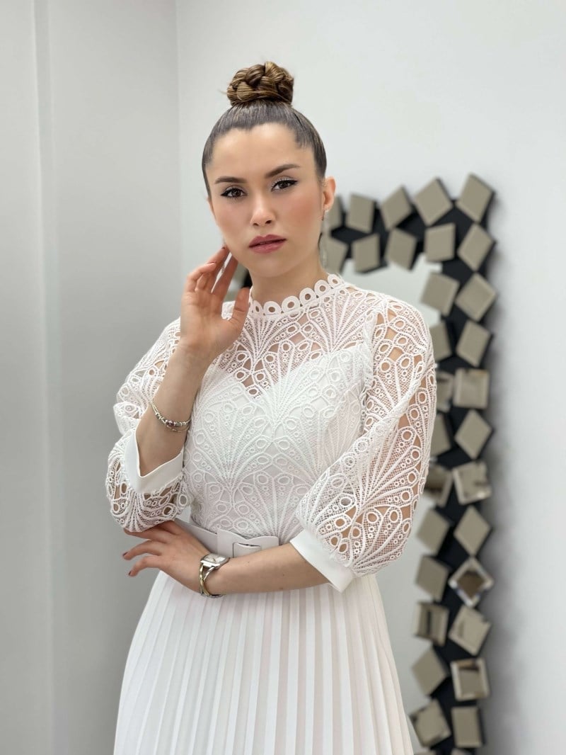 Dantel Kumaş Pliseli Midi Elbise - BEYAZ