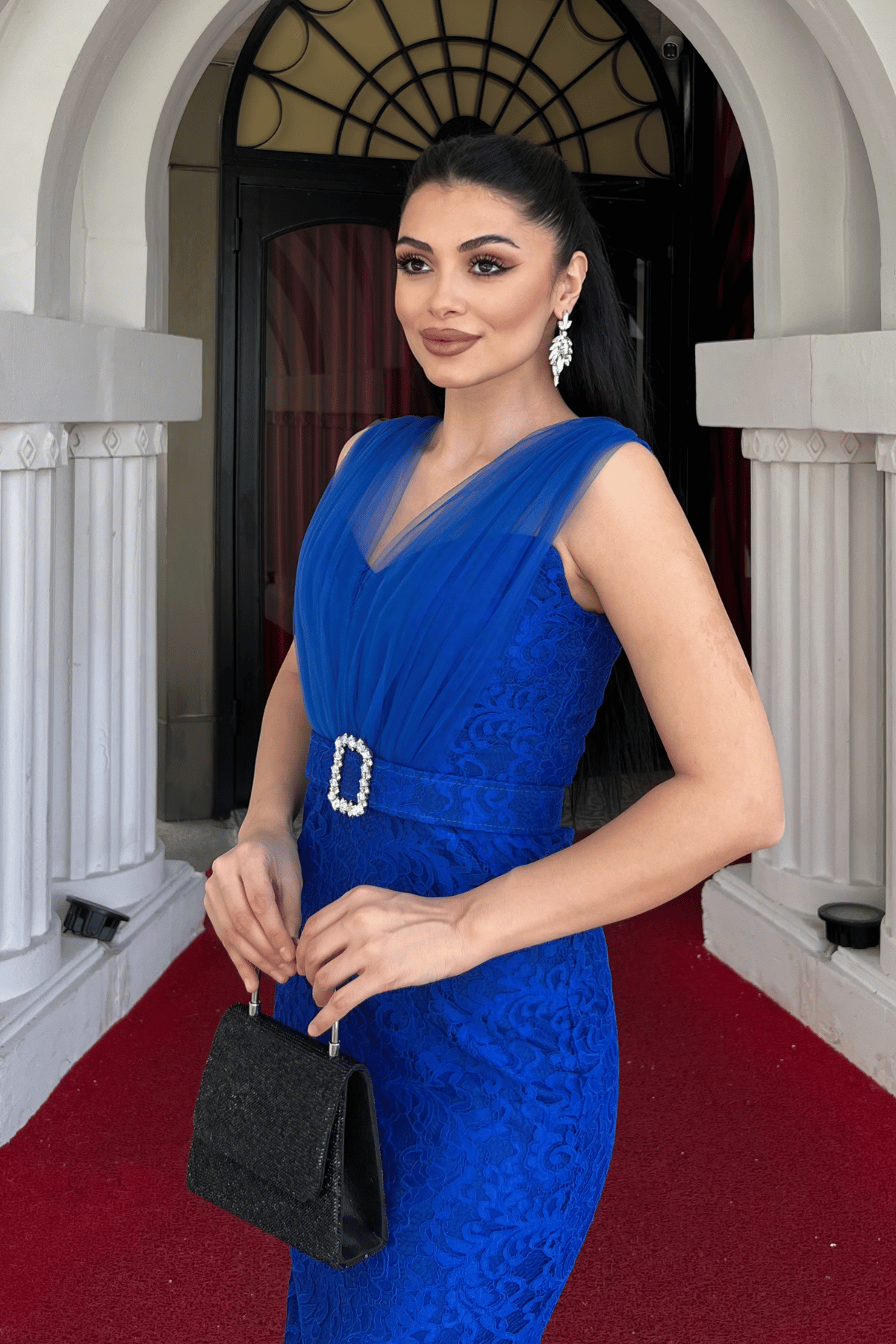 Dantel Kumaş Tül Detaylı Kalem Elbise - SAKS MAVİ