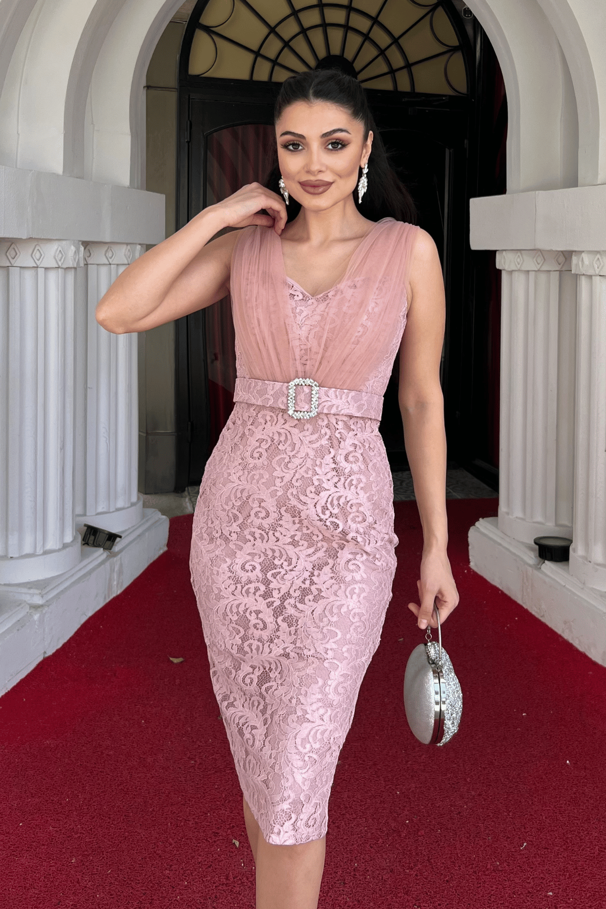 Dantel Kumaş Tül Detaylı Kalem Elbise - PUDRA