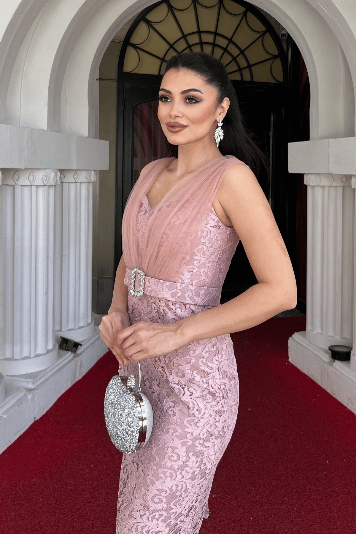 Dantel Kumaş Tül Detaylı Kalem Elbise - PUDRA