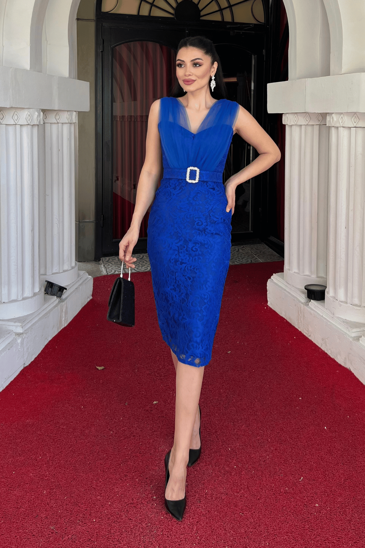 Dantel Kumaş Tül Detaylı Kalem Elbise - SAKS MAVİ