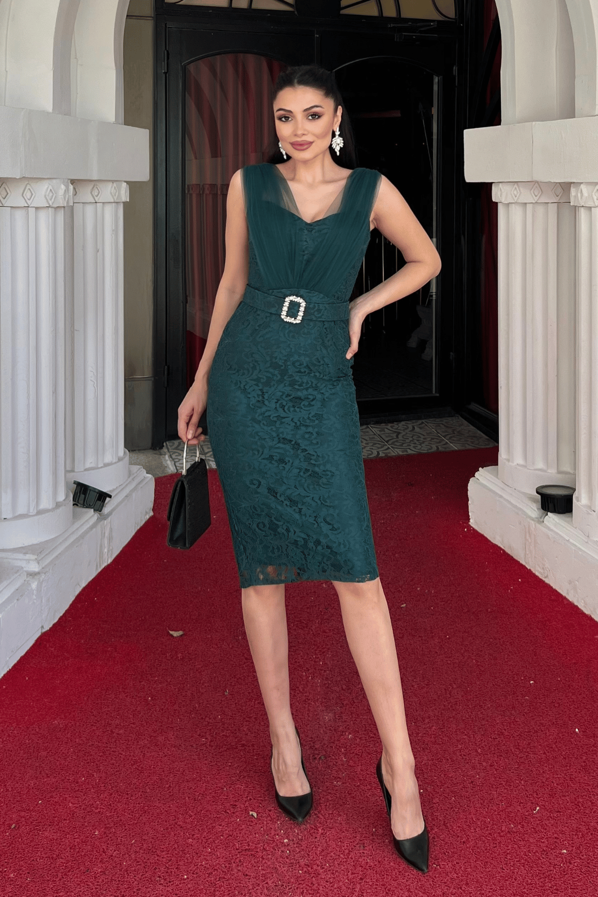 Dantel Kumaş Tül Detaylı Kalem Elbise - ZÜMRÜT YEŞİL