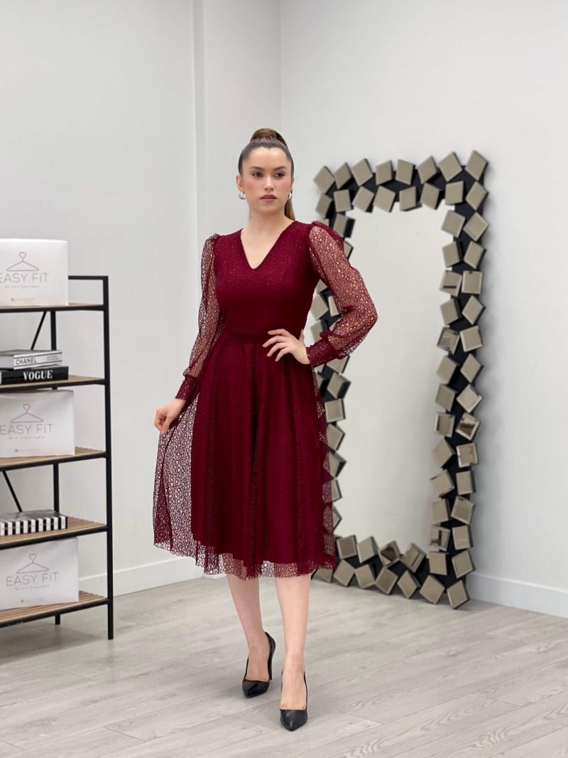 Dantel Kumaş V Yaka Midi Elbise - BORDO