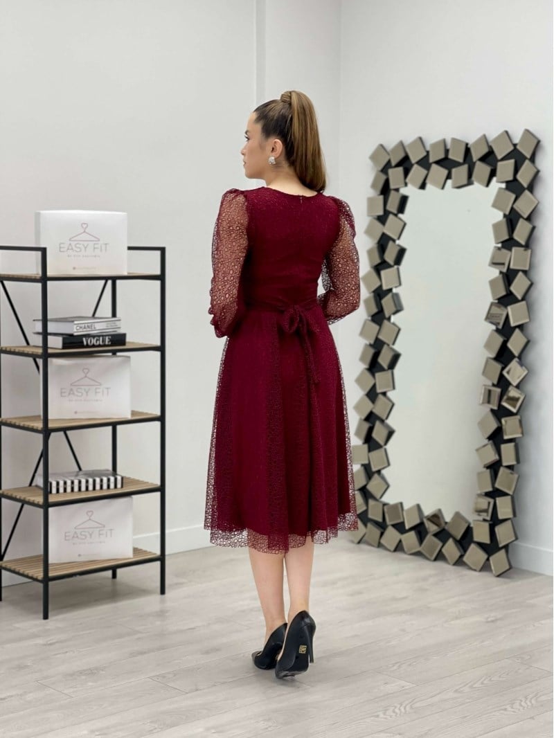 Dantel Kumaş V Yaka Midi Elbise - BORDO