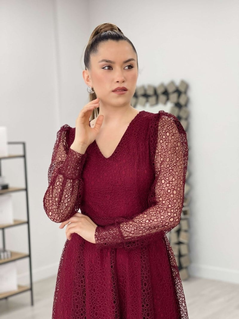 Dantel Kumaş V Yaka Midi Elbise - BORDO