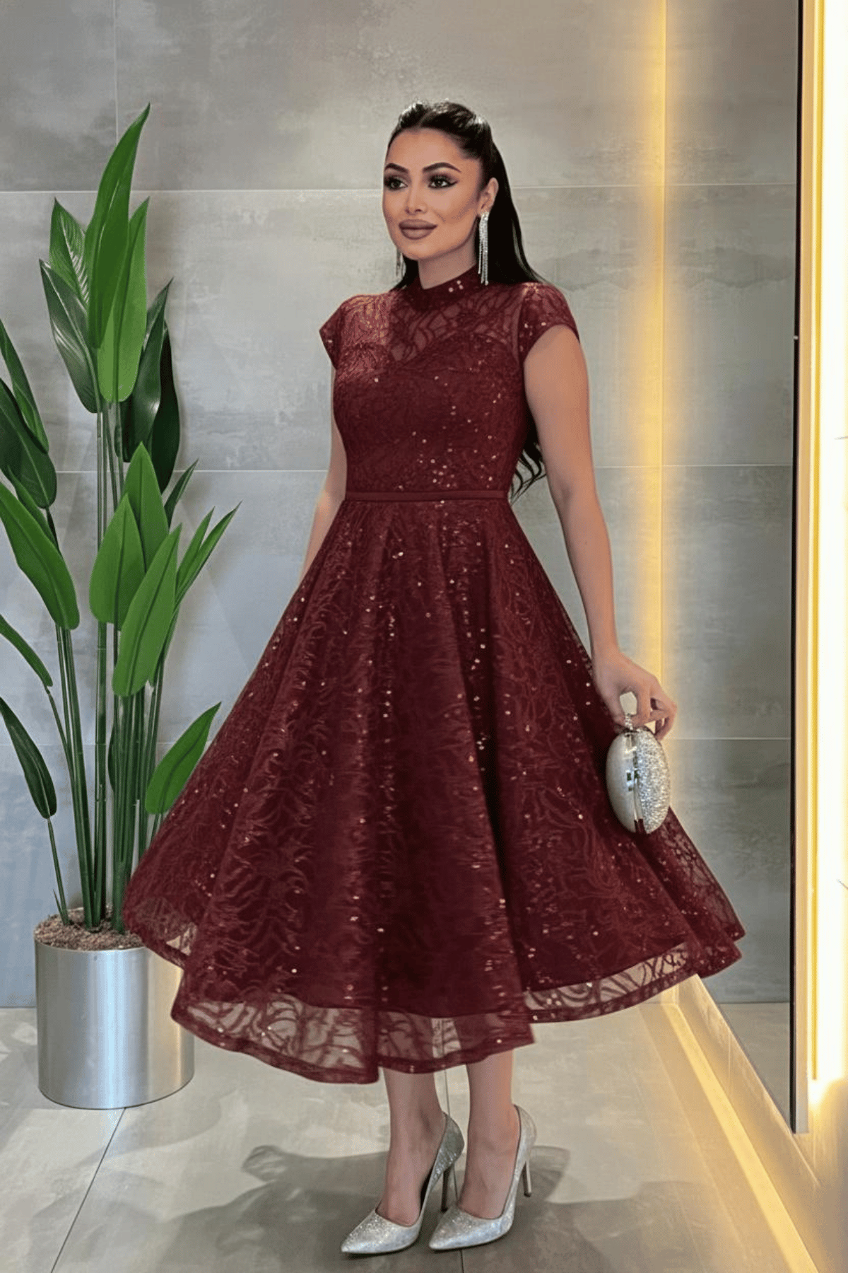 Dantel Payet Kumaş Midi Elbise - BORDO