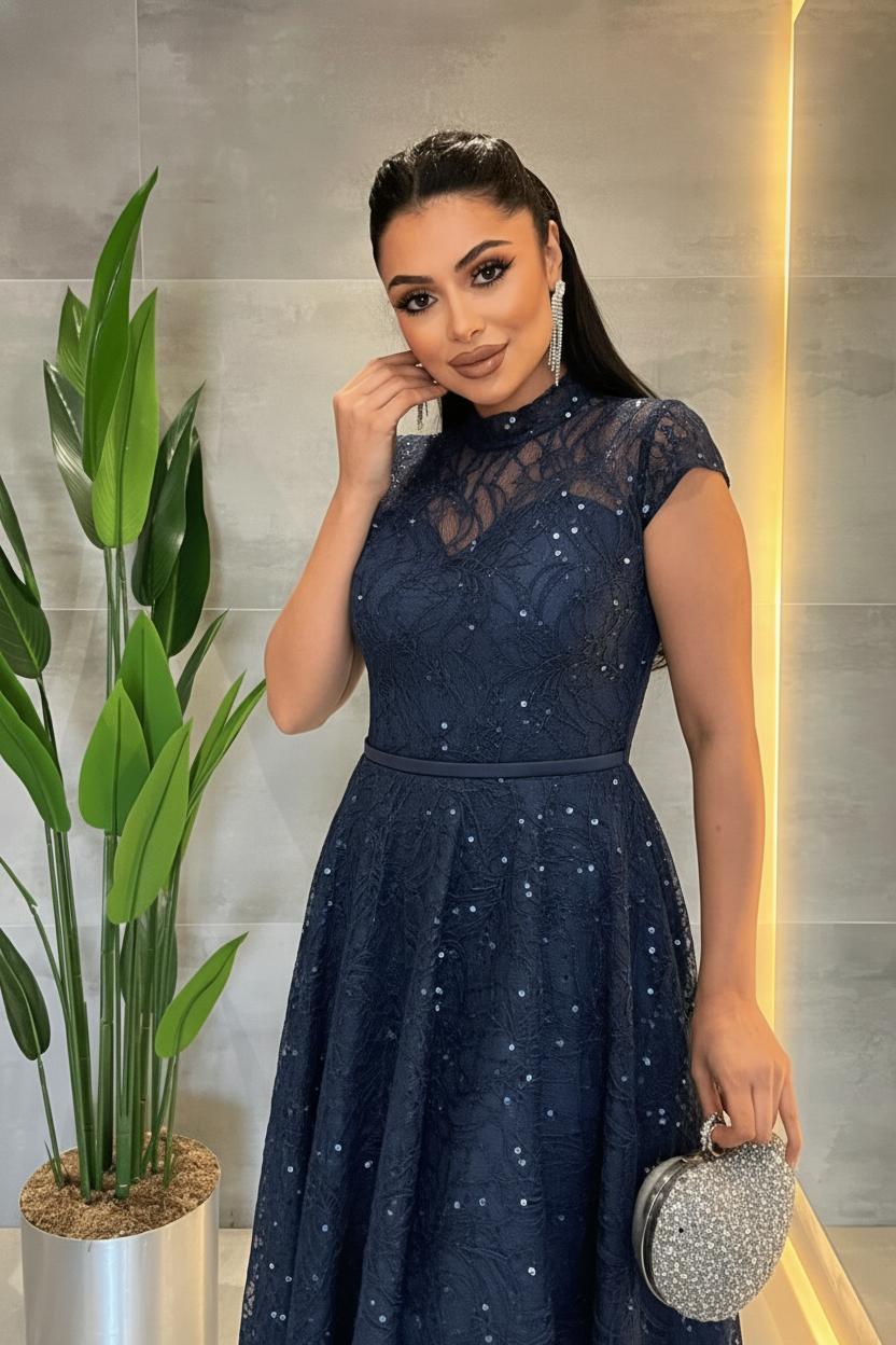 Dantel Payet Kumaş Midi Elbise - LACİVERT