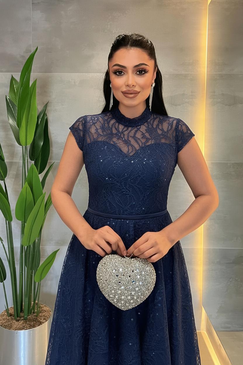 Dantel Payet Kumaş Midi Elbise - LACİVERT