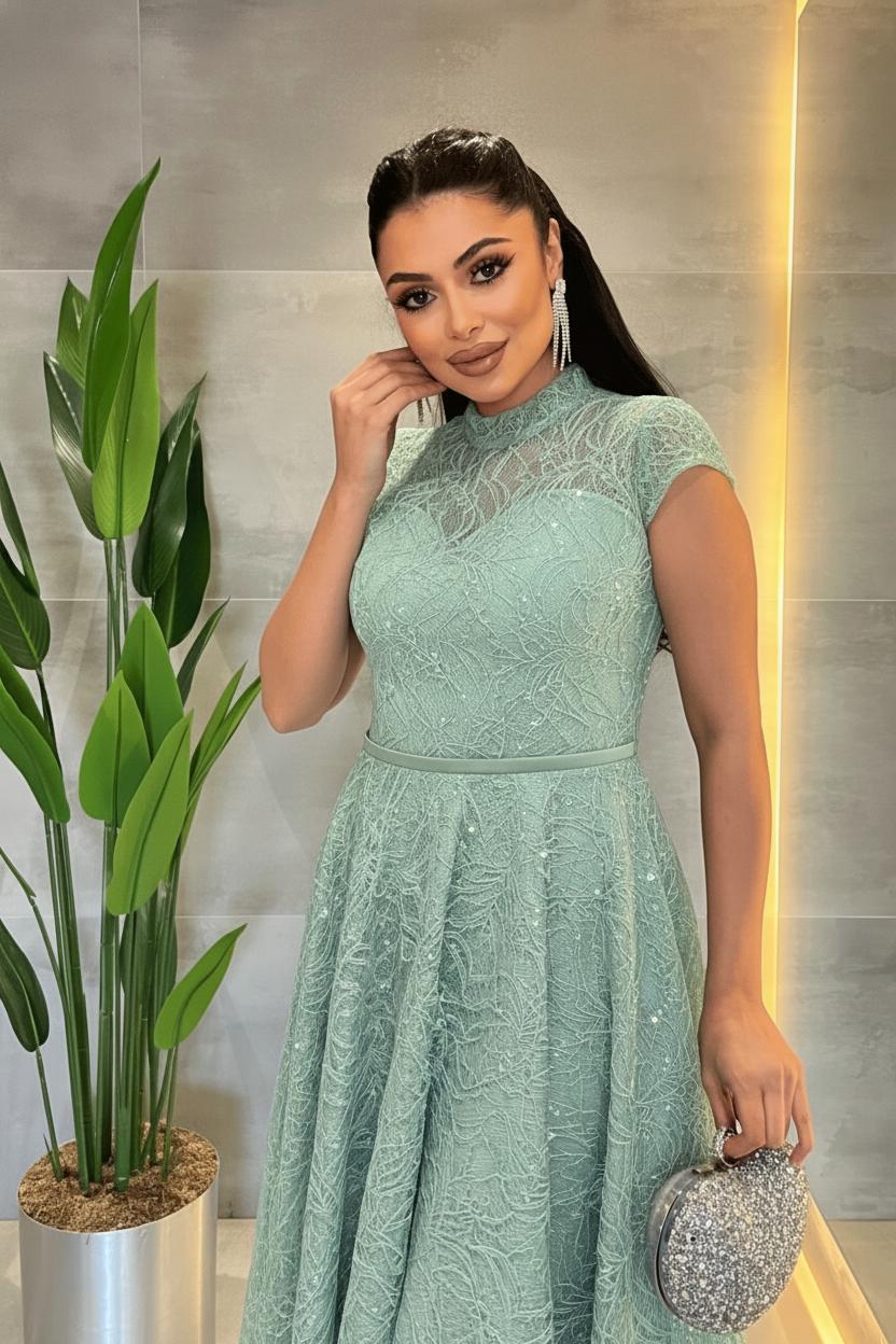 Dantel Payet Kumaş Midi Elbise - MİNT YEŞİLİ