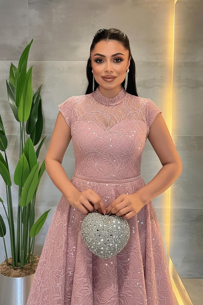 Dantel Payet Kumaş Midi Elbise - PUDRA