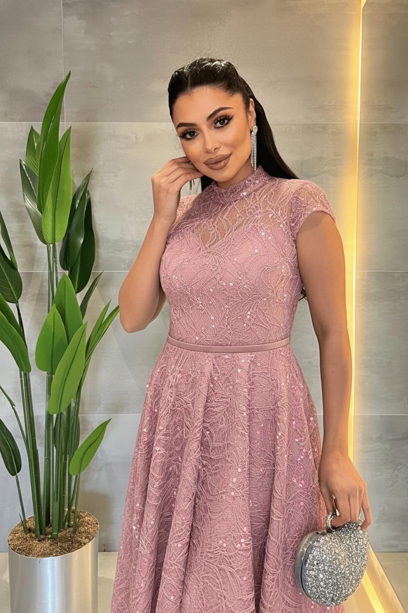 Dantel Payet Kumaş Midi Elbise - PUDRA
