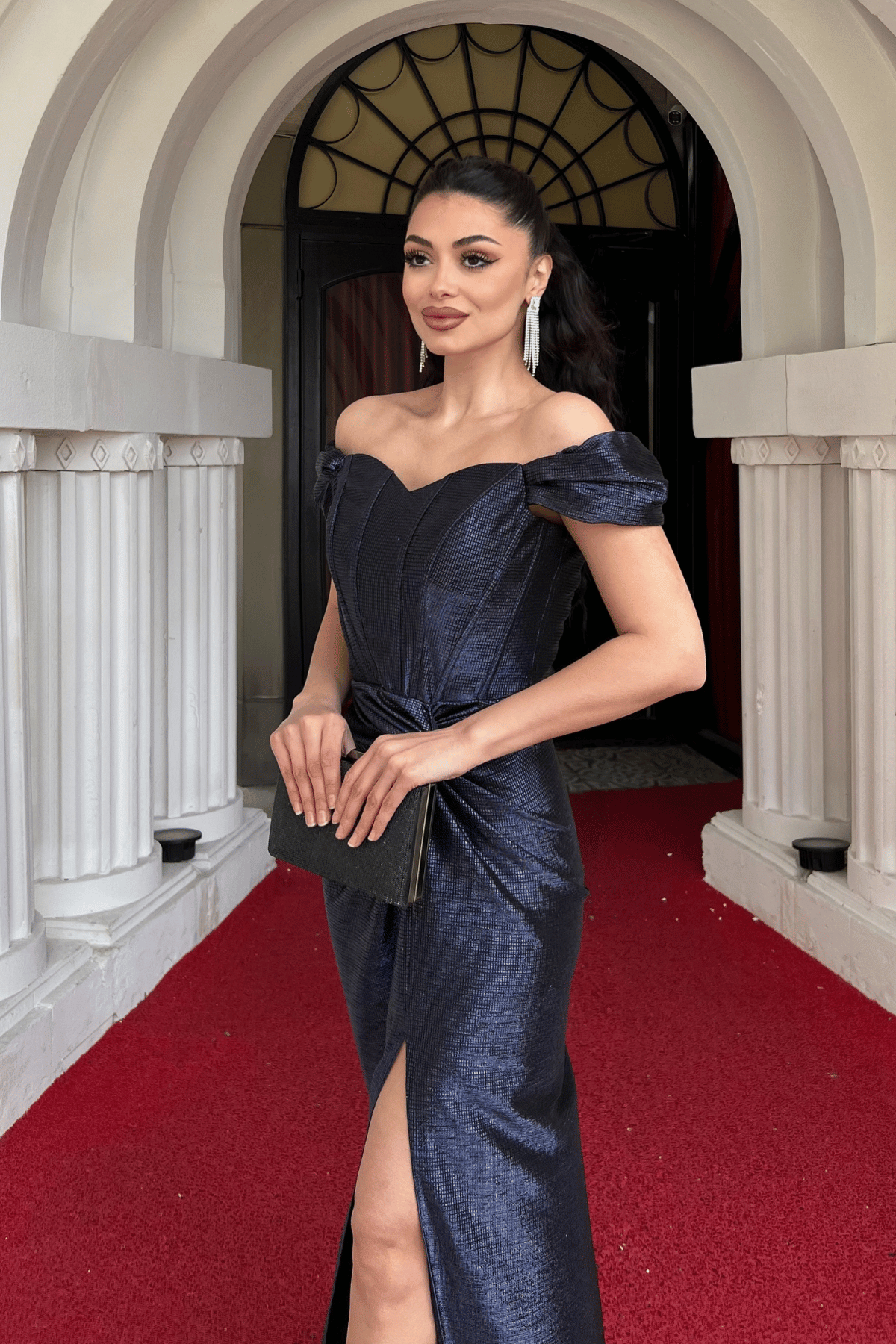 Desenli Parlak  Kumaş Korse Detaylı Balık Elbise - LACİVERT