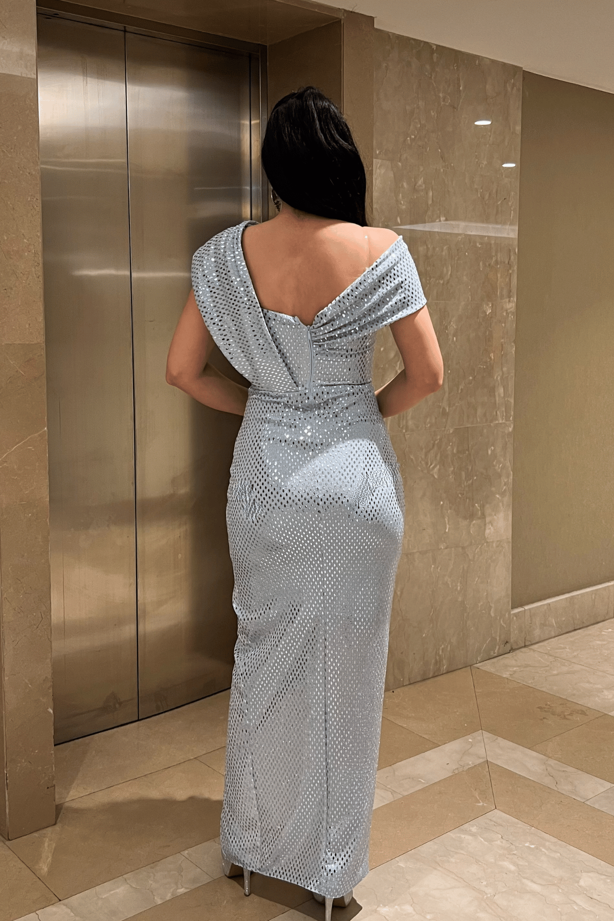 Desenli Payet Kumaş Tasarım Elbise - BEBE MAVİSİ