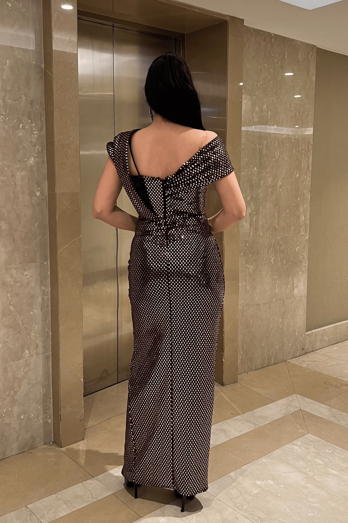 Desenli Payet Kumaş Tasarım Elbise - BRONZ