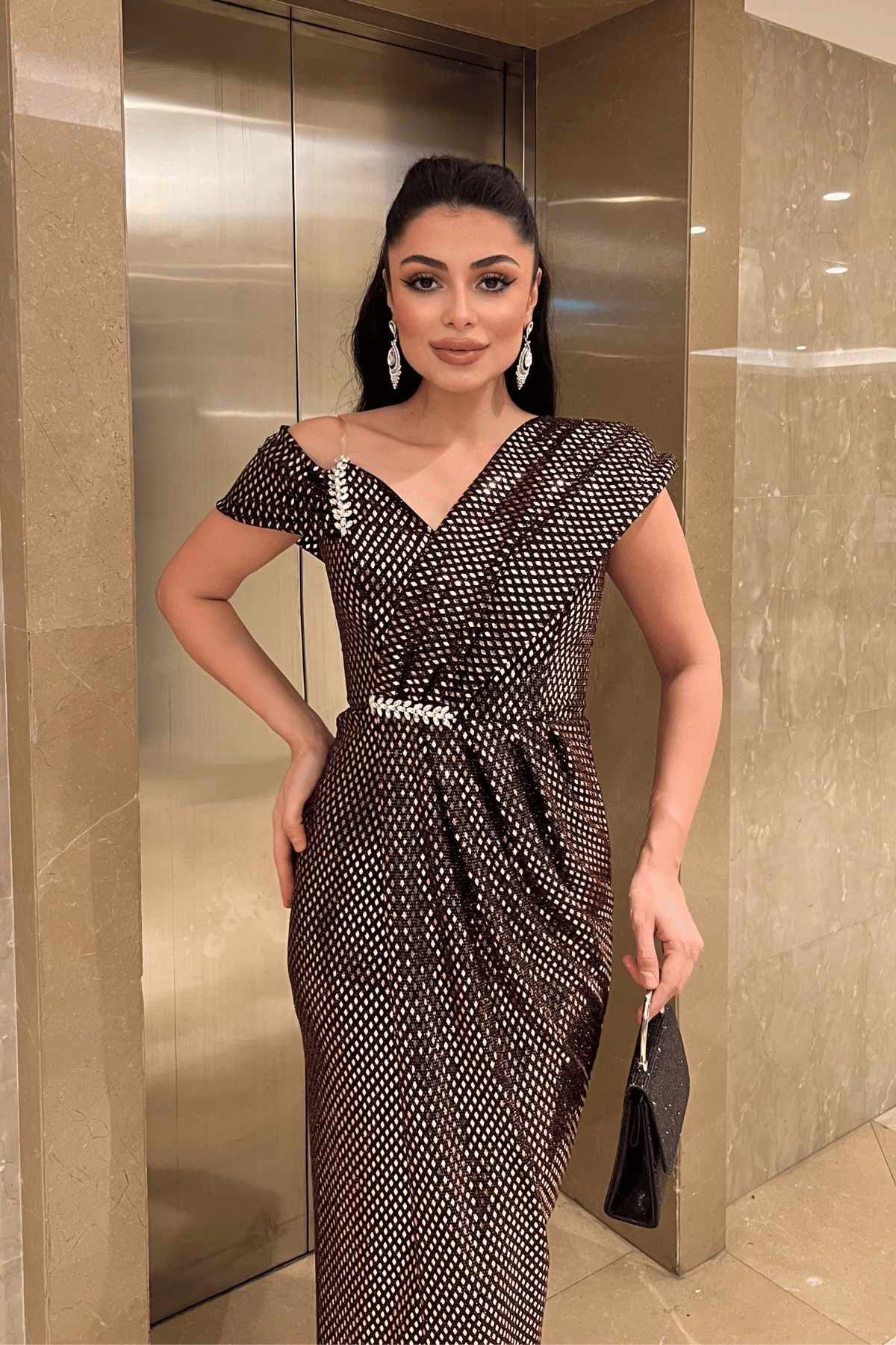 Desenli Payet Kumaş Tasarım Elbise - BRONZ