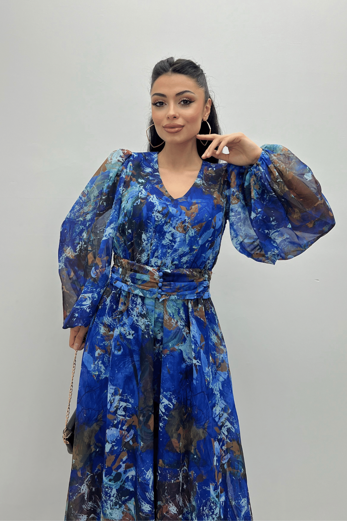 Desenli Sifon Kumaş Beli Lastikli Midi Elbise - SAX MAVİ