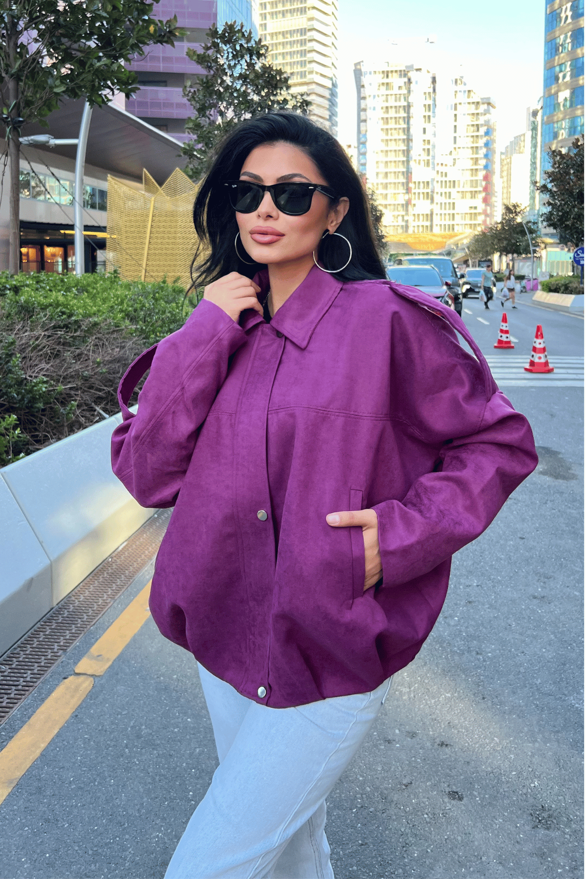 Dokuma Süet Kumaş Apoletli Bomber Ceket - MÜRDÜM