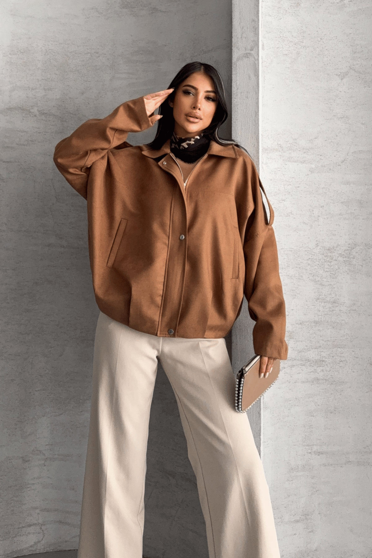 Dokuma Süet Kumaş Apoletli Bomber Ceket - AÇIK KAHVE